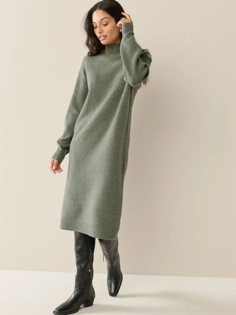 Gebreide Kleding|Jurken*Next - Stand Neck Knitted Midi Jumper Dress Kakigroen