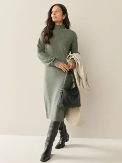 Gebreide Kleding|Jurken*Next - Stand Neck Knitted Midi Jumper Dress Kakigroen