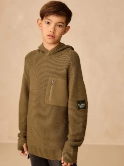 Truien En Breisels|Sweaters En Hoody´S|Next Kakigroen - Utility gebreide hoodie (3-16jr)