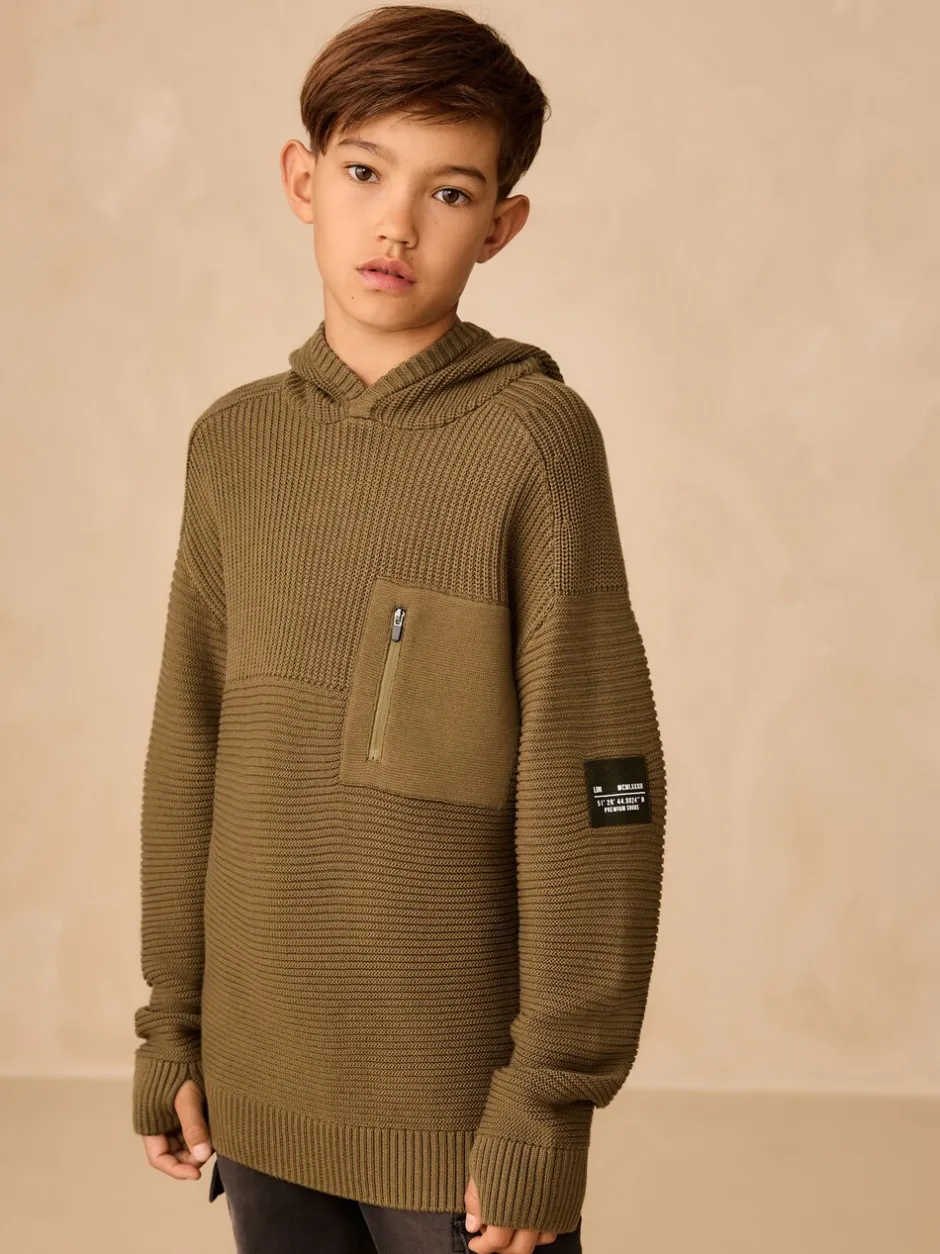 Truien En Breisels|Sweaters En Hoody´S|Next Kakigroen - Utility gebreide hoodie (3-16jr)