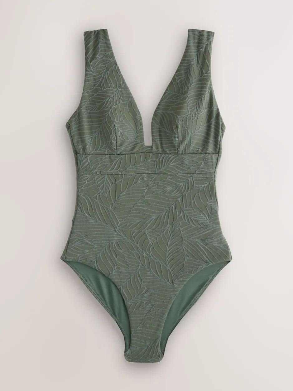 Badkleding*Next Kakigroen met bladertextuur - Diepuitgesneden vormgevend buikcorrigerend badpak