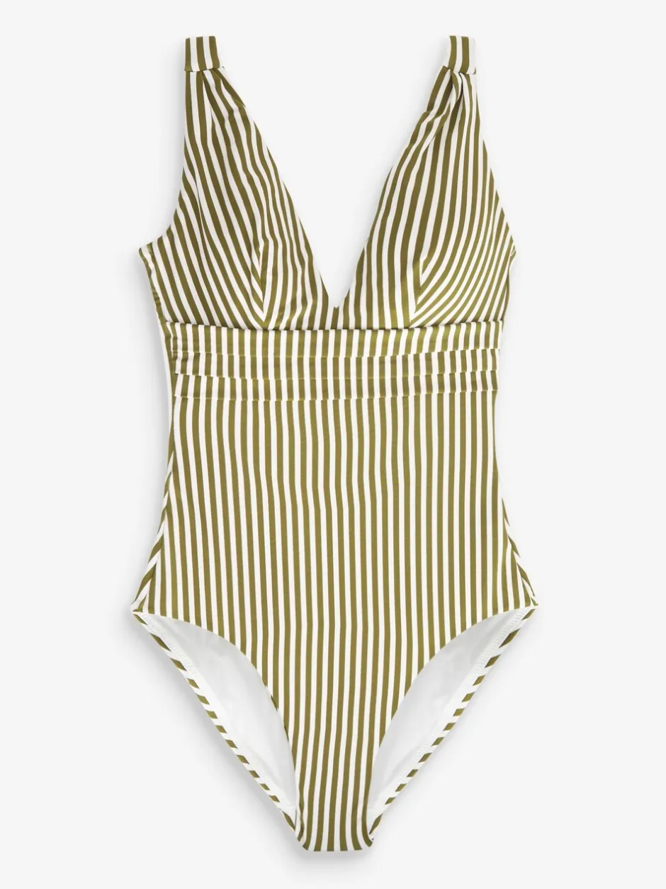 Badkleding*Next Kakigroen/ecru gestreept - Diepuitgesneden vormgevend buikcorrigerend badpak