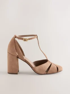 Schoenen Met Hakken|Next - Leren schoenen met uitsnijding, T-bandje en blokhakken met ronde neus Kameelkleurig suède