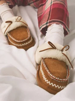 Pantoffels*Next Kastanjebruin - Stitch Suede Faux Fur Lined Mule Slippers