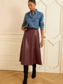 Rokken*Love & Roses - Fit en Flare imitatieleren midi-jurk Kersrood
