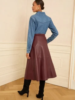 Rokken*Love & Roses - Fit en Flare imitatieleren midi-jurk Kersrood