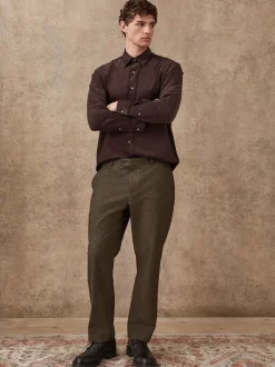 Broeken En Chino's|Next - Regular Fit Smart Brushed Cotton Trousers Khaki Green Herringbone