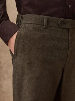 Broeken En Chino's|Next - Regular Fit Smart Brushed Cotton Trousers Khaki Green Herringbone