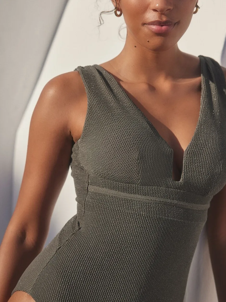Badkleding|Next Khaki groen met glitters - Diepuitgesneden vormgevend buikcorrigerend badpak