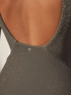 Badkleding|Next Khaki groen met glitters - Diepuitgesneden vormgevend buikcorrigerend badpak