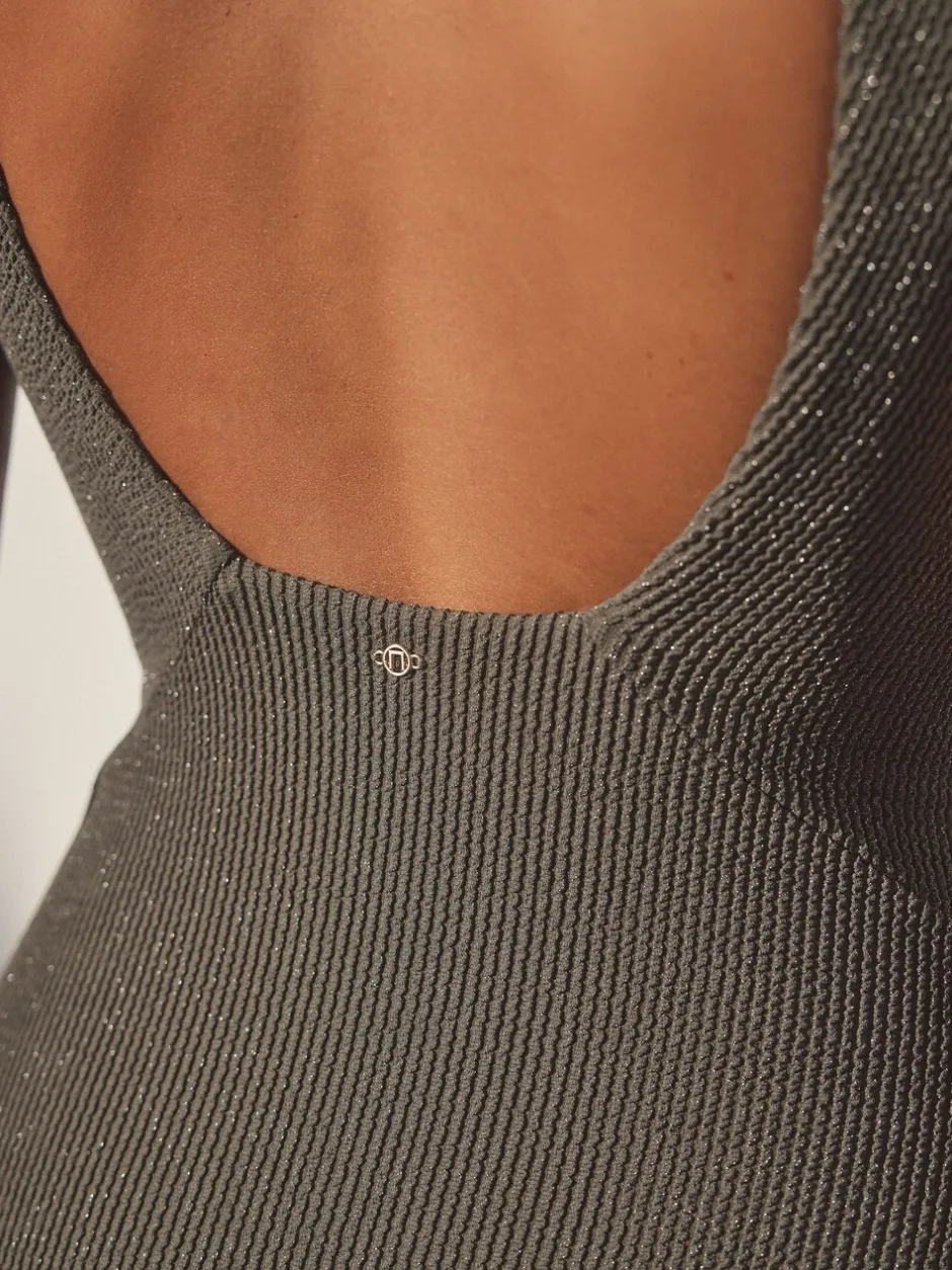 Badkleding|Next Khaki groen met glitters - Diepuitgesneden vormgevend buikcorrigerend badpak