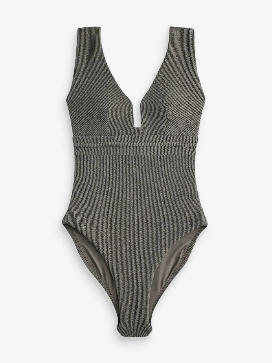 Badkleding|Next Khaki groen met glitters - Diepuitgesneden vormgevend buikcorrigerend badpak