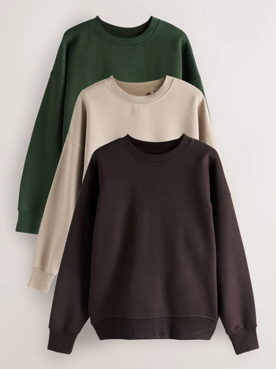 Hoody's En Sweatshirts*Next Khaki/steenkleur - Cotton Rich Brushed Back Soft Feel Ribbed Crewneck Sweatshirts 3 Pack