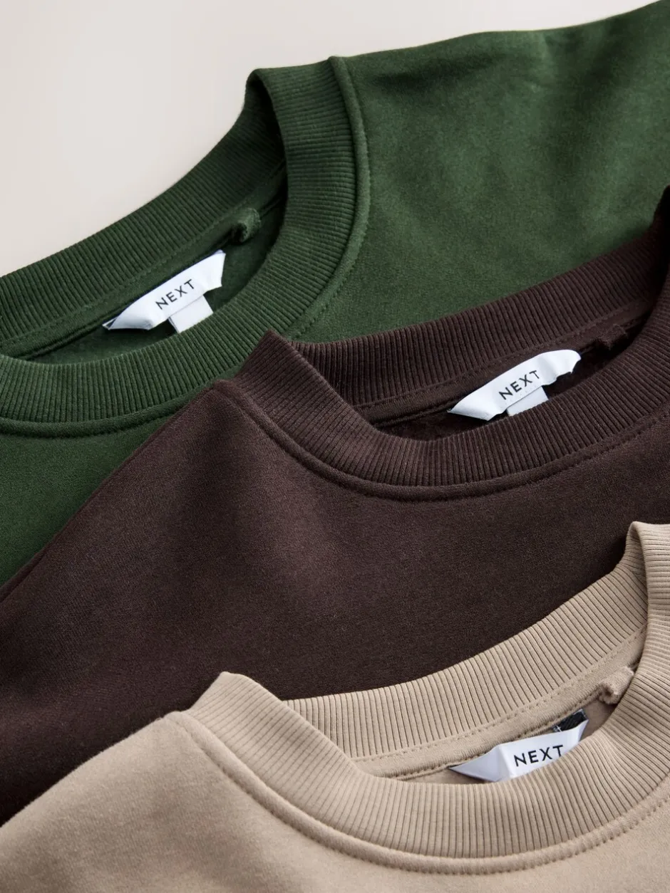 Hoody's En Sweatshirts*Next Khaki/steenkleur - Cotton Rich Brushed Back Soft Feel Ribbed Crewneck Sweatshirts 3 Pack