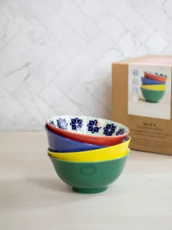 Eetservies En Pastaschalen*Kitchencraft Set of 4 Coloured Patterned Ceramic Cereal Bowls