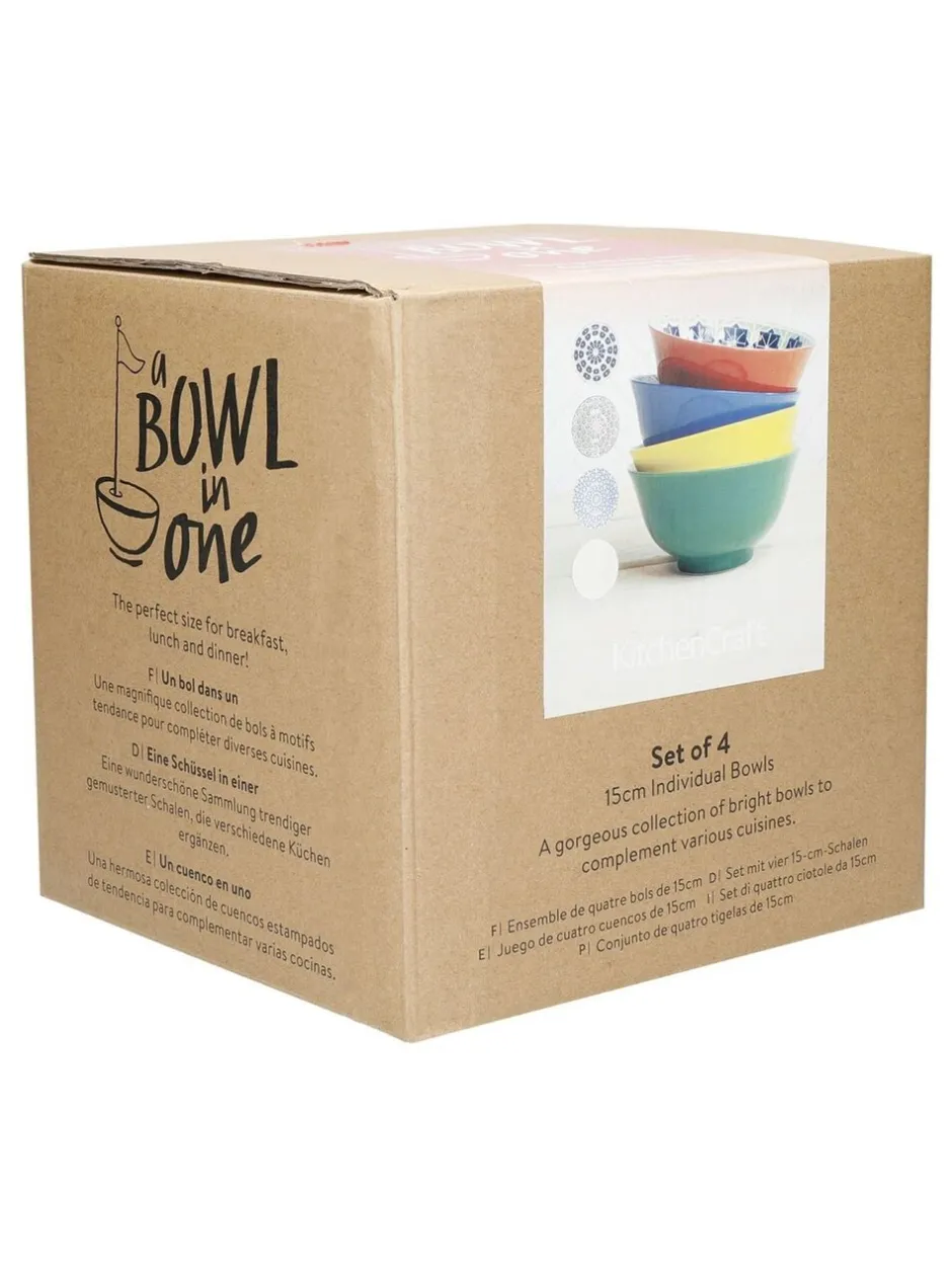 Eetservies En Pastaschalen*Kitchencraft Set of 4 Coloured Patterned Ceramic Cereal Bowls