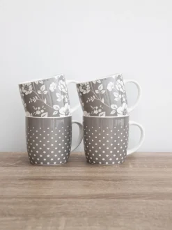 Mokken En Koppen|Kitchencraft Set of 4 Floral Polka Dot Ceramic Mugs