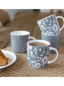 Mokken En Koppen|Kitchencraft Set of 4 Floral Polka Dot Ceramic Mugs