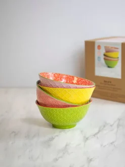 Eetservies En Pastaschalen*Kitchencraft Set of 4 Patterned Colourful Ceramic Cereal Bowls