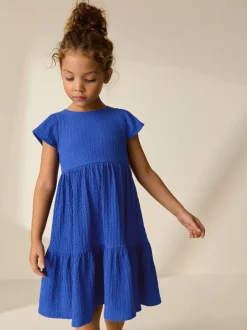 Jurken*Next - Angel Sleeve Crinkle Dress (3-16yrs) Kobaltblauw
