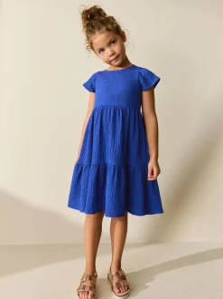 Jurken*Next - Angel Sleeve Crinkle Dress (3-16yrs) Kobaltblauw