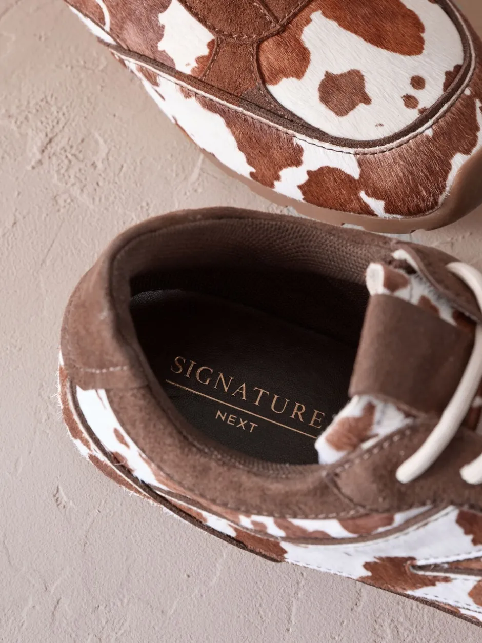 Sneakers*Next Koeienprint - Slim Premium Leren Trainers met Vetersluiting