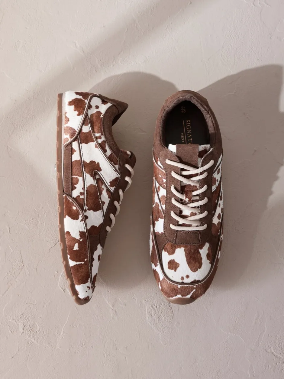 Sneakers*Next Koeienprint - Slim Premium Leren Trainers met Vetersluiting