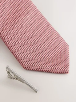 Stropdassen En Pochets*Next Koraalroze - Stropdas met textuur en dasspeld