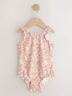 Badkleding|Badkleding*Next - Lettuce Edge Swimsuit (3mths-7yrs) Koraalroze met fijne bloemenprint