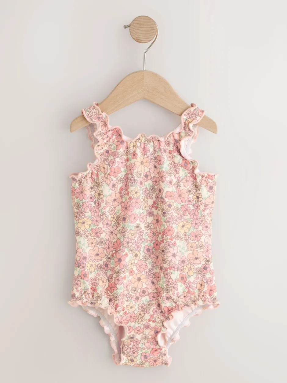 Badkleding|Badkleding*Next - Lettuce Edge Swimsuit (3mths-7yrs) Koraalroze met fijne bloemenprint