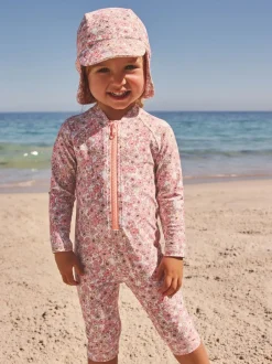 Badkleding*Next Koraalroze met fijne bloemenprint - Zonbeschermend badpak met lange pijpen (3 mnd-7 jr)