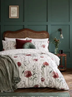 Laura Ashley|Laura Ashley 100% Cotton Sateen 220 Thread Count Pallington Bloom Duvet Cover and Pillowcase Set Rode robijn