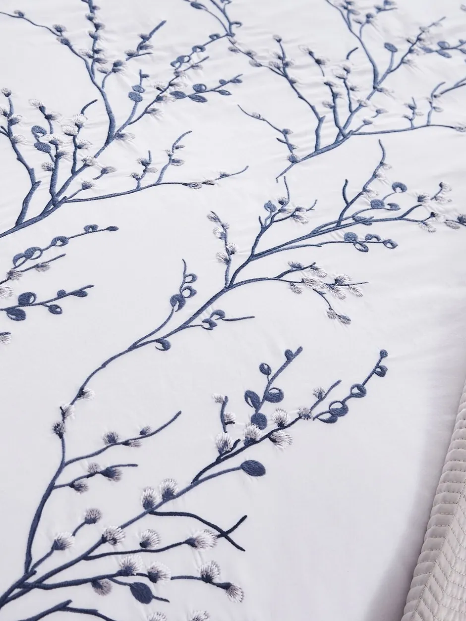 Merkbeddengoed*Laura Ashley 100% katoen perkal 200 draadtelling Pussy Willow Sprig geborduurd dekbedovertrek en kussensloopset Middernachtelijk blauw