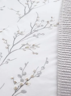 Merkbeddengoed|Laura Ashley 100% katoen perkal 200 draadtelling Pussy Willow Sprig geborduurd dekbedovertrek en kussensloopset Duifgrijs