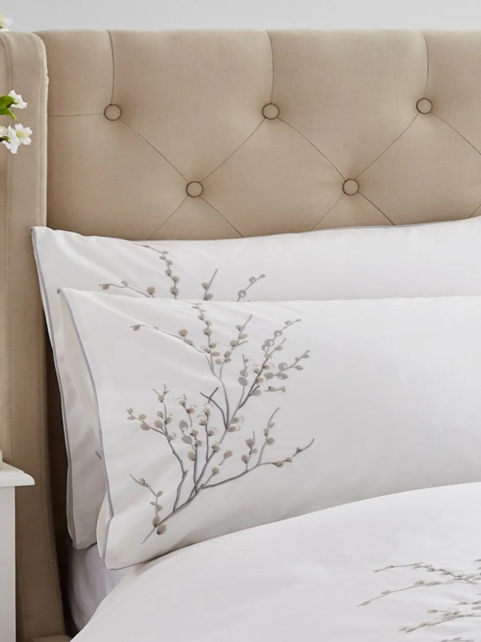 Merkbeddengoed|Laura Ashley 100% katoen perkal 200 draadtelling Pussy Willow Sprig geborduurd dekbedovertrek en kussensloopset Duifgrijs