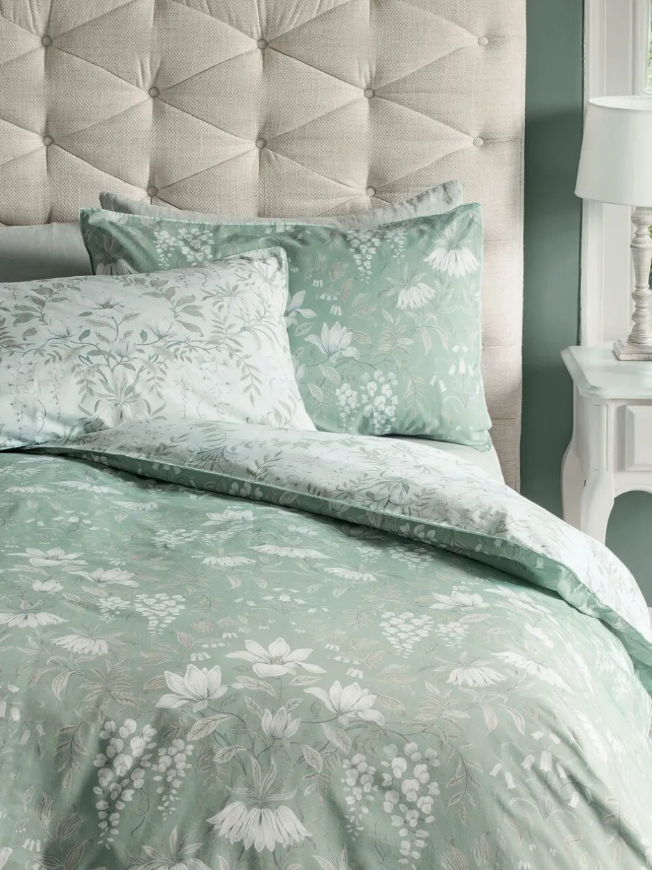 Laura Ashley|Merkbeddengoed|Laura Ashley 100% katoensatijn 200 draads Parterre dekbedovertrek- en kussensloopset Grijs-groen