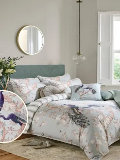 Laura Ashley|Merkbeddengoed*Laura Ashley Belvedere 100% katoensatijn 220 -draads dekbedovertrekset met kussenslopen Eendeneiblauw