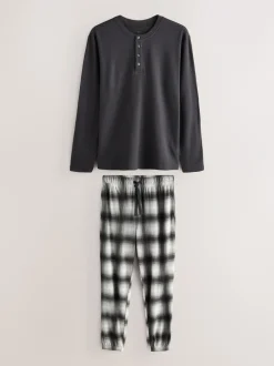 Pyjama's|Loungewear|Next Leisteengrijs geruit - Motionflex Textured Cosy Long Sleeve Pyjamas Set
