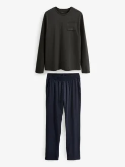 Pyjama's|Loungewear*Next - Jersey pyjamaset met lange mouwen Leisteengrijs/marineblauw