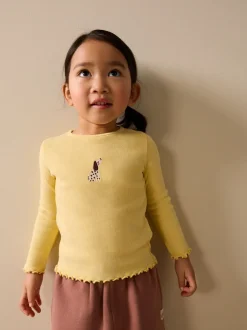 T-Shirts*Next - Long sleeve Embroidered Ribbed Top (3mths-7yrs) Lemon Yellow Dog