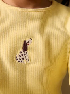 T-Shirts*Next - Long sleeve Embroidered Ribbed Top (3mths-7yrs) Lemon Yellow Dog