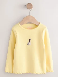 T-Shirts*Next - Long sleeve Embroidered Ribbed Top (3mths-7yrs) Lemon Yellow Dog