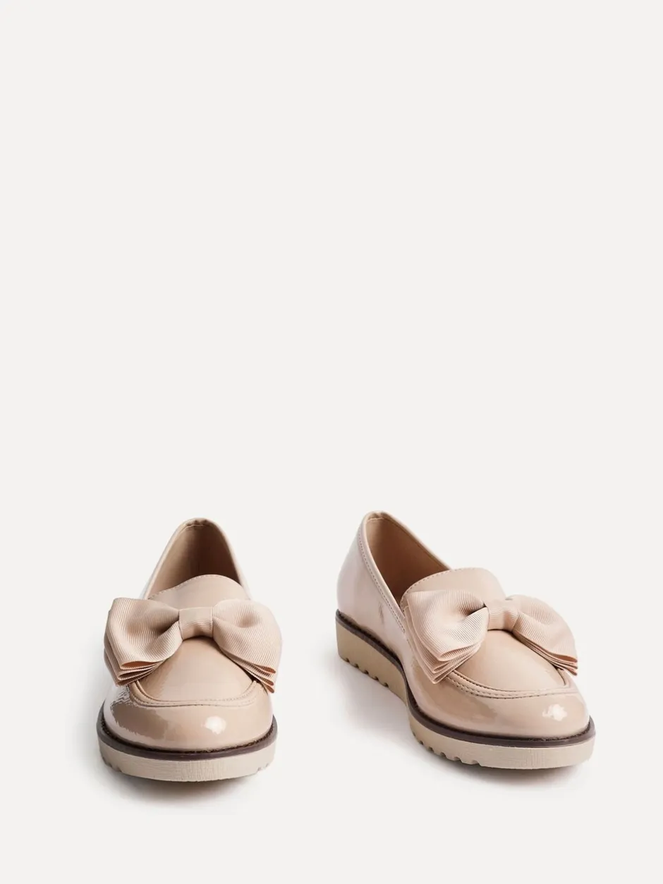 Lage Schoenen|Linzi - Cathy loafers met plateauzool en grote strik Licht beige