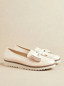 Lage Schoenen|Linzi - Cathy loafers met plateauzool en grote strik Licht beige