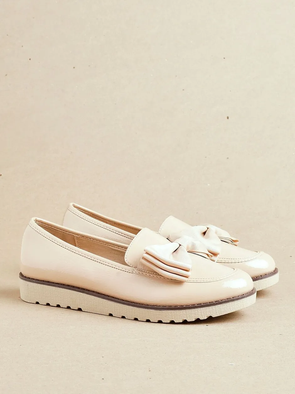 Lage Schoenen|Linzi - Cathy loafers met plateauzool en grote strik Licht beige