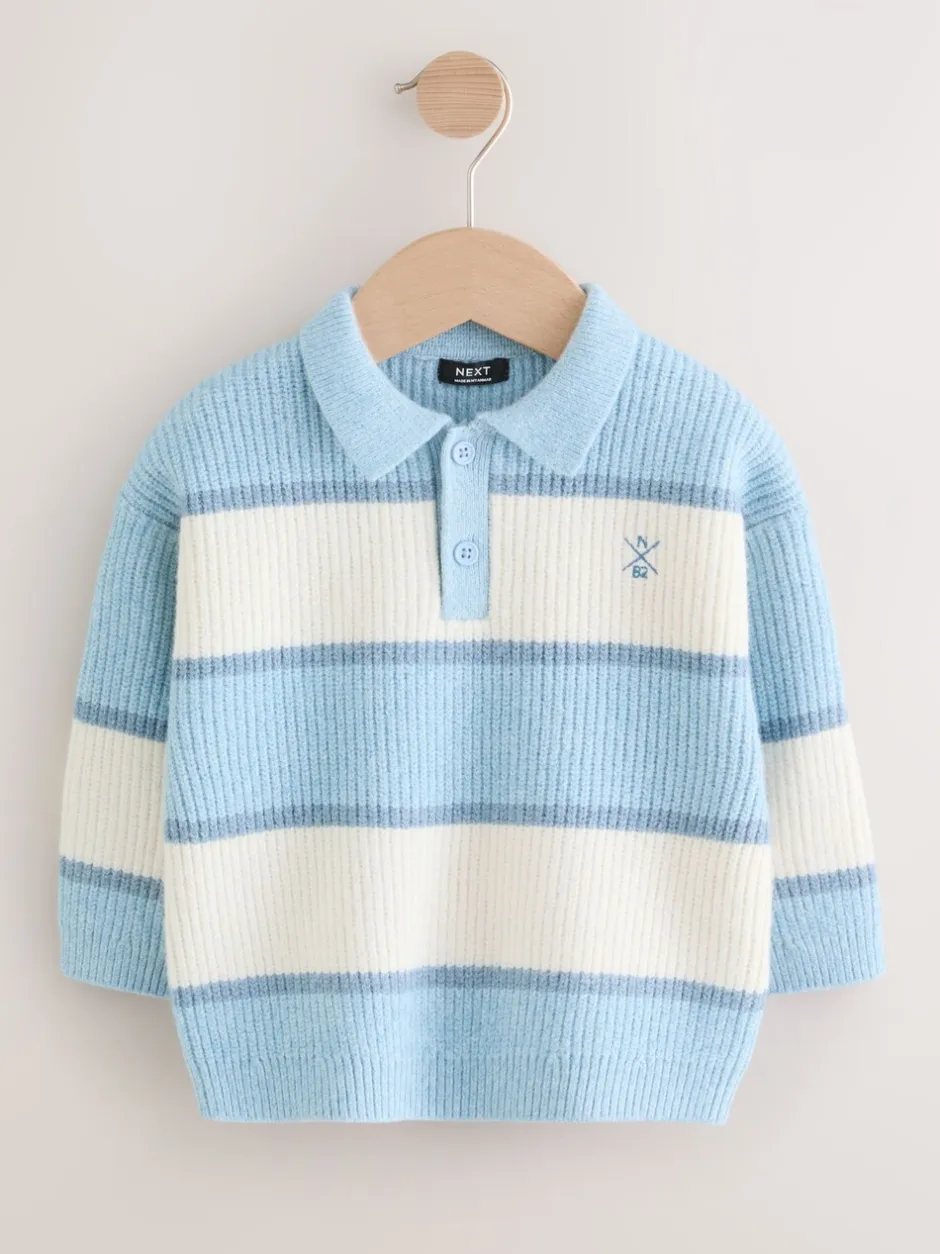 Truien En Breisels|Next - Gebreid gestreept rugbypoloshirt (3mnd-7jr) Lichtblauw