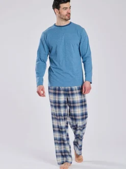 Pyjama's|Loungewear|Loungeable - Pyjama's Set van jersey top en geborstelde Ruit Broeken Lichtblauw