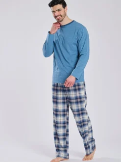 Pyjama's|Loungewear|Loungeable - Pyjama's Set van jersey top en geborstelde Ruit Broeken Lichtblauw