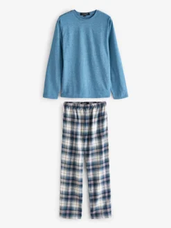 Pyjama's|Loungewear|Loungeable - Pyjama's Set van jersey top en geborstelde Ruit Broeken Lichtblauw