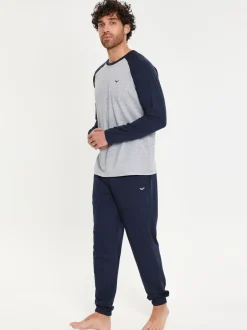 Pyjama's|Loungewear|Threadbare Lichtblauw - - Pyjamaset van gemengde stoffen met lange mouwen